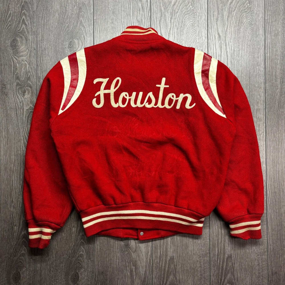 Vintage Houston Varsity Jacket Red Wool Leather Chain Stitch Bomber Mens Medium